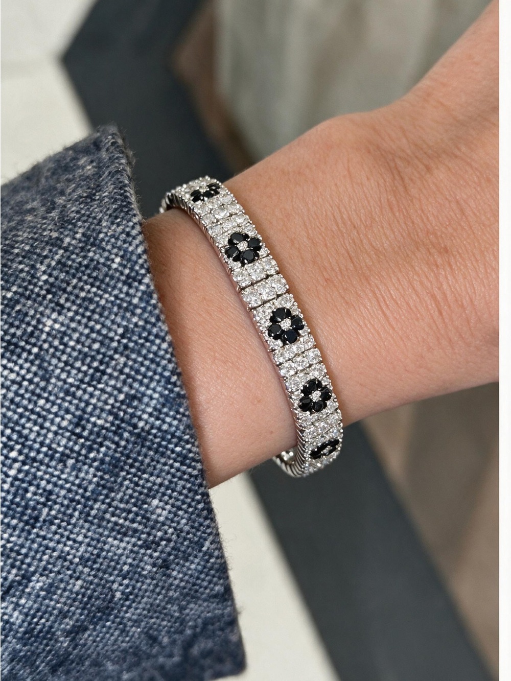Retro Art Deco Multi-Row Black & White Flower Tennis Bracelet – Costume